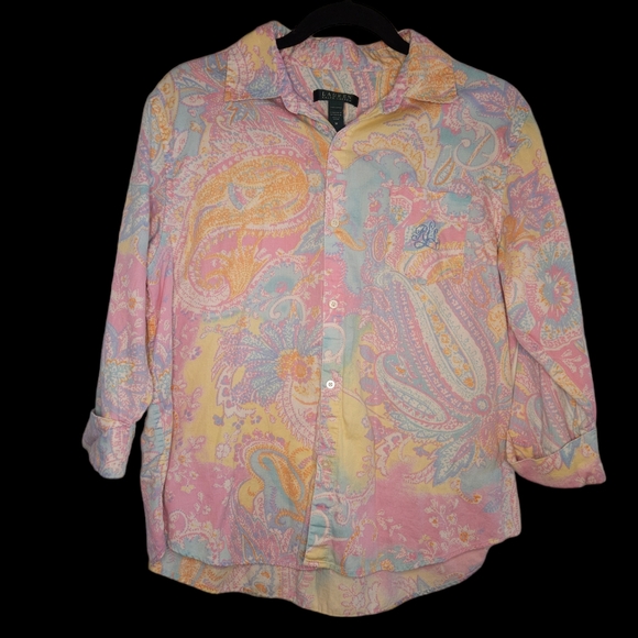 Lauren Ralph Lauren Pastel Pink Paisley Floral 3/4 Sleeve Button up Shirt Sz M - Picture 1 of 4